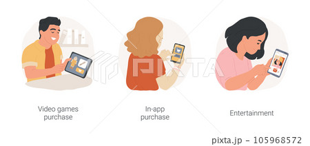 App shopping isolated cartoon vector illustration set. Video games in-app purchase, tablet screen, smartphone close up, teen holding device, entertainment app, upgrade plan vector cartoon. App shopping isolated cartoon vector illustration set. Video games in-app purchase, tablet screen, smartphone close up, teen holding device, entertainment app, upgrade plan vector cartoon. 105968572