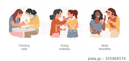 Girls friendship isolated cartoon vector illustration set. Two young women painting each others nails, girls doing makeup to each other, teens making bead bracelets, leisure time vector cartoon. Girls friendship isolated cartoon vector illustration set. Two young women painting each others nails, girls doing makeup to each other, teens making bead bracelets, leisure time vector cartoon. 105968578