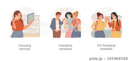 Teens accessories isolated cartoon vector illustration set. Teenage girl trying on earrings in store, wearing friendly necklace, holding hands with handmade friendship bracelets vector cartoon. 105968589