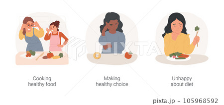 Diet and nutrition isolated cartoon vector illustration set. Cooking food at home together, making healthy choice, deciding between donut and apple, teenage girl unhappy about diet vector cartoon. 105968592