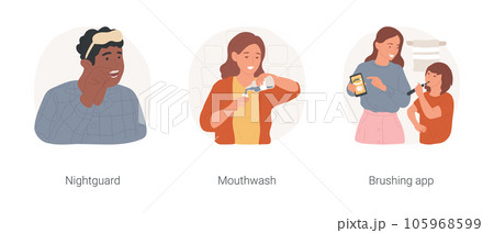 Teeth health isolated cartoon vector illustration set. Man puts nightguard in mouth, teeth protection, woman holds mouthwash, tooth hygiene routine, mom and child use brushing app vector cartoon. Teeth health isolated cartoon vector illustration set. Man puts nightguard in mouth, teeth protection, woman holds mouthwash, tooth hygiene routine, mom and child use brushing app vector cartoon. 105968599