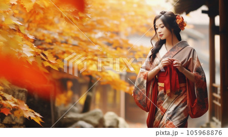 紅葉を歩く着物の女性 Kimono lady in autum leaves AI生成画像 105968876