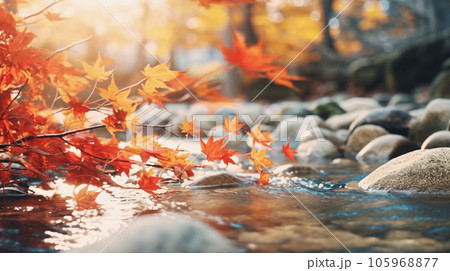 紅葉と渓流の川沿い autumn leaves and mountain stream AI生成画像 105968877