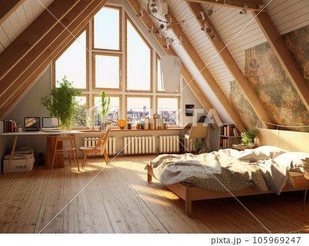 Modern interior design Triangle attic room in modern vintage style 105969247