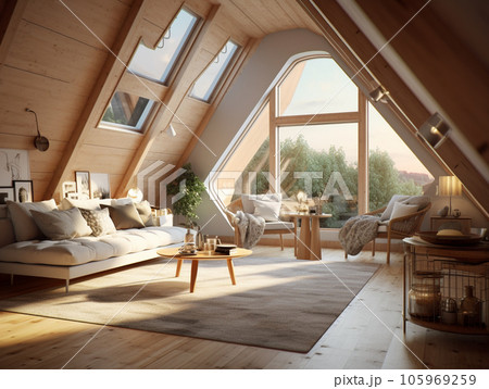 Modern interior design Triangle attic room in modern vintage style 105969259
