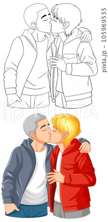 Gay couple cartoon kissing doodle outline Gay couple cartoon kissing doodle outline 105969535
