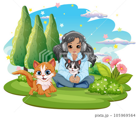 Girl holding pet sitting on the floor listening to music with headset 105969564
