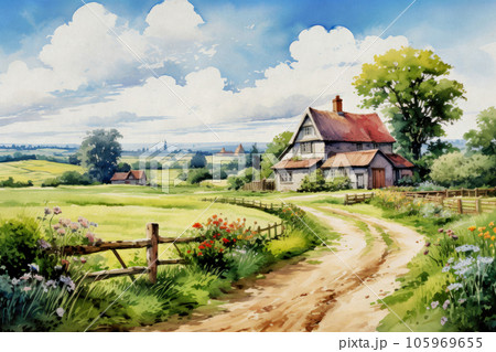 長閑な田園風景 水彩画 フレーム付き 長閑な田園風景 水彩画 フレーム付き 田園風景」 by takeuchi.T