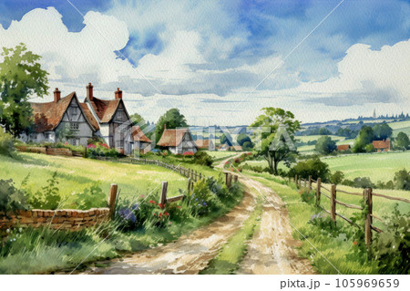 油絵　イギリス田舎町風景 イギリスの長閑な田舎の風景のイラスト素材 [105969659] - PIXTA