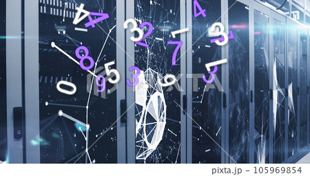 Image of changing numbers, connections, net and lights over servers 105969854