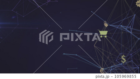 Image of globe of digital icons and network of connections against blue background 105969855