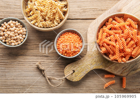 A variety of fusilli pasta from different types of legumes. Gluten-free pasta. A variety of fusilli pasta from different types of legumes. Gluten-free pasta. 105969905