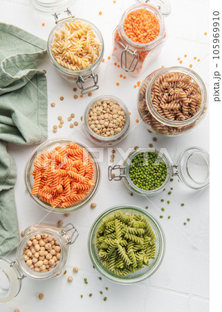 A variety of fusilli pasta from different types of legumes. Gluten-free pasta. 105969910