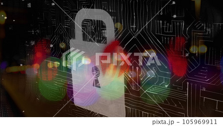 Image of security padlock icon over microprocessor connections against night city traffic Image of security padlock icon over microprocessor connections against night city traffic 105969911