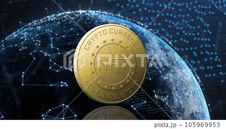 Image of nft text on golden coin and network of connections over dark background 105969953