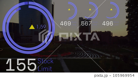 Image of stock market data processing against aerial view of cityscape 105969954