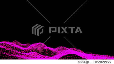Image of abstract mesh with pink glowing spots floating and waving on black background 105969955