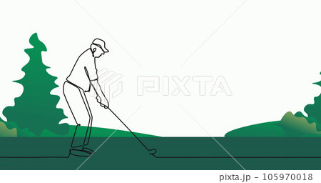Image of drawing of male golf player over trees 105970018