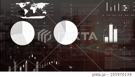 Image of infographic interface over modern cityscape against sky 105970139