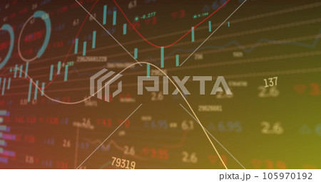 Image of changing numbers, statistical, stock market data processing on gradient background 105970192