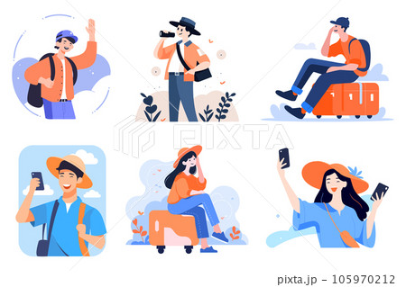 Hand Drawn Tourist is traveling and taking photos happily in flat style 105970212