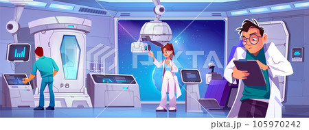 Scientific laboratory on board spacecraft cartoon. Scientific laboratory on board spacecraft cartoon. 105970242
