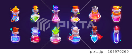 Glass bottles with magic potion and elixir. Glass bottles with magic potion and elixir. 105970269