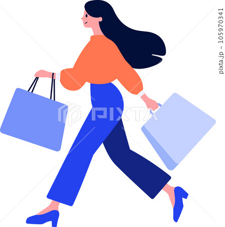 Hand Drawn happy Woman holding shopping bags and walking in shopping mall in flat style 105970341