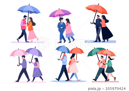 Hand Drawn couple holding umbrellas in the rain in flat style Hand Drawn couple holding umbrellas in the rain in flat style 105970424