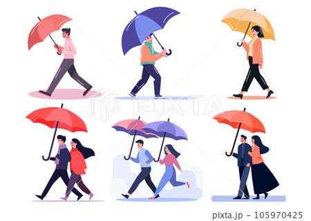 Hand Drawn couple holding umbrellas in the rain in flat style 105970425