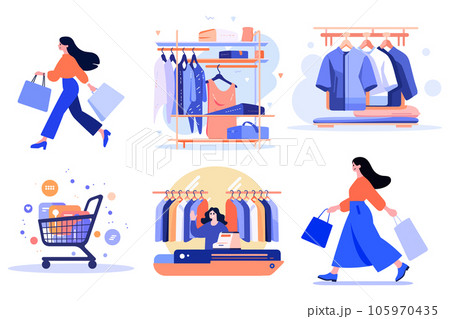 Hand Drawn clothing stores and shops in shopping malls in flat style 105970435