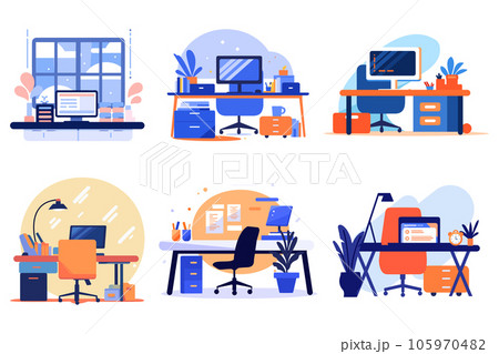 Hand Drawn desk in the office is organized in order in flat style 105970482