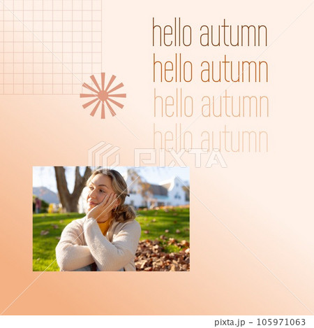 Composite of hello autumn text over happy caucasian woman in autumn park Composite of hello autumn text over happy caucasian woman in autumn park 105971063