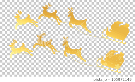 Santa Claus and reindeer carrying gold presents in a sleigh 105971149