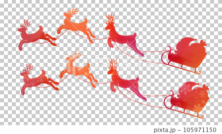 Santa Claus and reindeer carrying red presents in a sleigh Santa Claus and reindeer carrying red presents in a sleigh 105971150