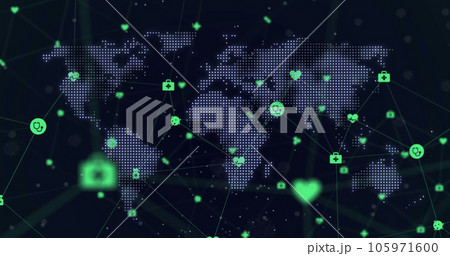 Image of network of medical icons over world map against blue background Image of network of medical icons over world map against blue background 105971600