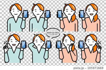 シンプルおしゃれなスマホ・スマートフォンを持つ女性・ジェンダーレスな人の人物ベクターイラストセット シンプルおしゃれなスマホ・スマートフォンを持つ女性・ジェンダーレスな人の人物ベクターイラストセット 105971669
