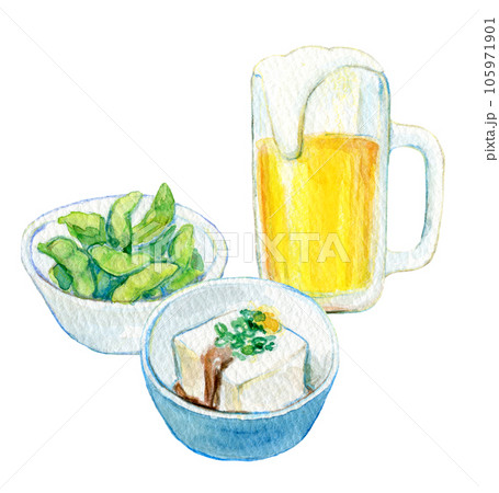 晩酌セット　水彩イラスト　ビールとおつまみ 105971901