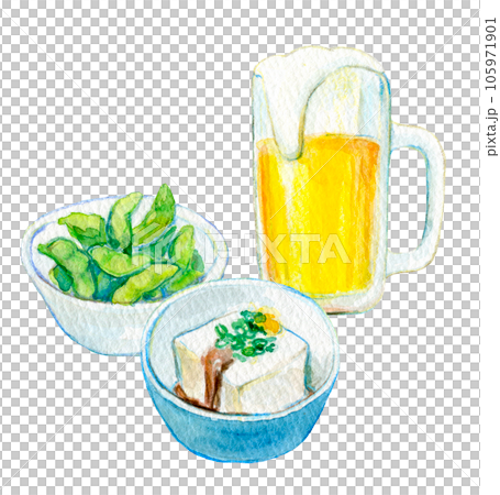 晩酌セット　水彩イラスト　ビールとおつまみ 105971901