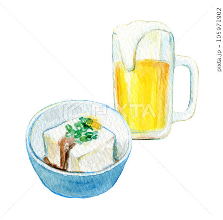 晩酌セット　水彩イラスト　ビールとおつまみ 105971902