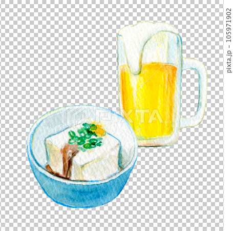 晩酌セット　水彩イラスト　ビールとおつまみ 105971902