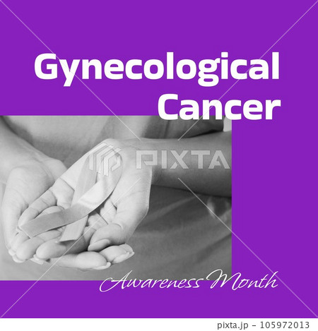 Composite of gynecological cancer awareness month over biracial woman holding ribbon 105972013