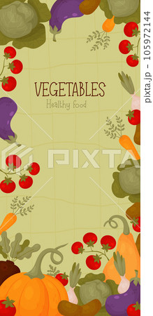 Vegetables healthy food. Vertical banner with pumpkin, tomatoes, cabbage, carrots, eggplant and onions on green checkered background. Vector illustration. Poster template in cartoon style for design. 105972144