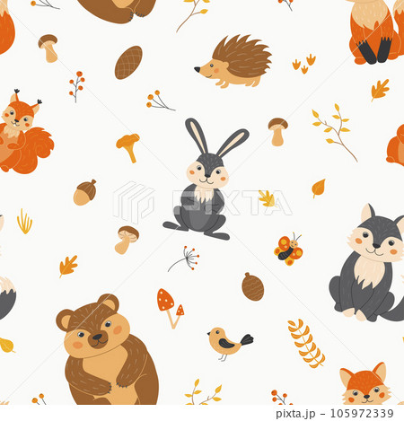 Seamless pattern with cute animals and plants cartoon style. Forest dwellers. Vector illustration. 105972339