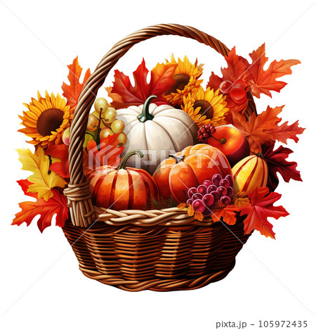 Harvest fruit basket cottagecore clipart, Thanksgiving Basket Decorations Clipart isolated on Transparent Background. 105972435