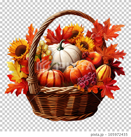 Harvest fruit basket cottagecore clipart, Thanksgiving Basket Decorations Clipart isolated on Transparent Background. 105972435
