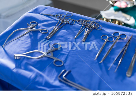 Close up of surgical instruments on table in operation theater at hospital 105972538