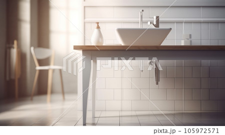 the interior of a bright bathroom in a classic style, with a white sink on the table 105972571