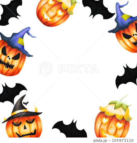 Watercolor set of halloween pumpkins with hats. Happy magical hand painting for holiday isolated on white background. For designers, decoration, shop, for postcards, wrapping paper, covers. For Watercolor set of halloween pumpkins with hats. Happy magical hand painting for holiday isolated on white background. For designers, decoration, shop, for postcards, wrapping paper, covers. For 105973110