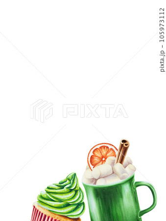 Watercolor postcard with Christmas cream muffins, caramel canes, candies, ice creams. New year hand painting green and red cupcakes isolated on white background. For designers, food decoration, menu, Watercolor postcard with Christmas cream muffins, caramel canes, candies, ice creams. New year hand painting green and red cupcakes isolated on white background. For designers, food decoration, menu, 105973112